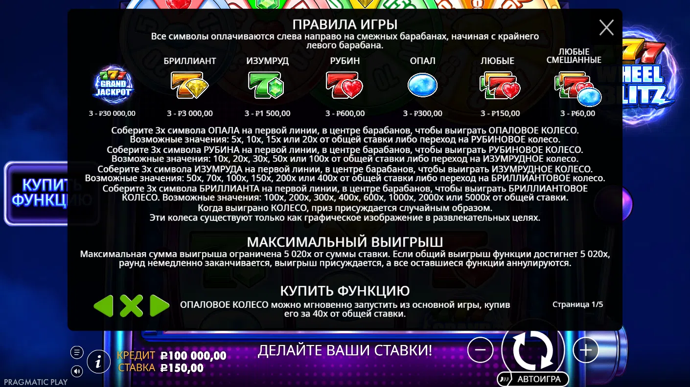 777 Wheel Blitz — правила и таблица выплат 1