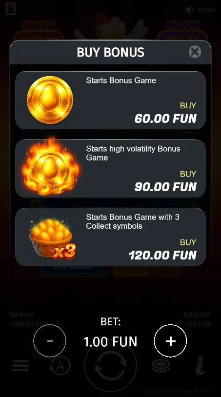 Chicken Fire — меню Bonus Buy