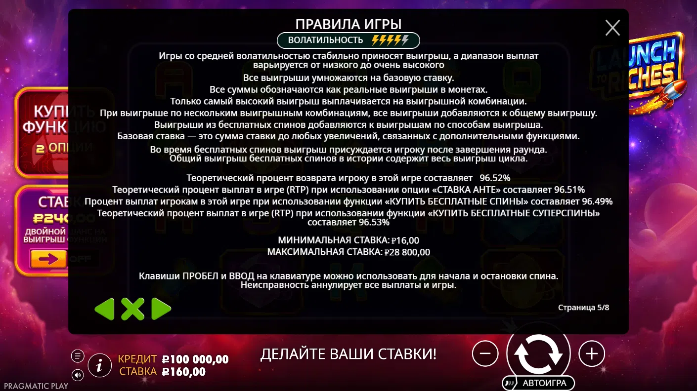 Launch to Riches — правила и таблица выплат 5