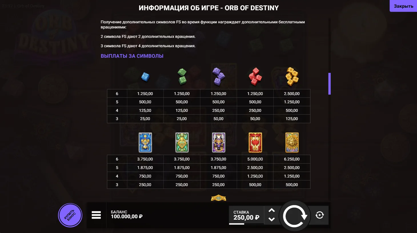 Orb of Destiny — правила и таблица выплат 4