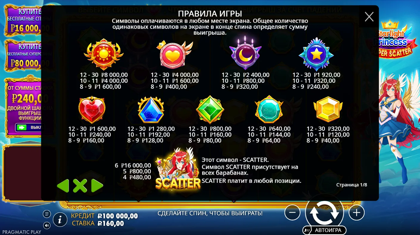 Starlight Princess Super Scatter — правила и таблица выплат 5