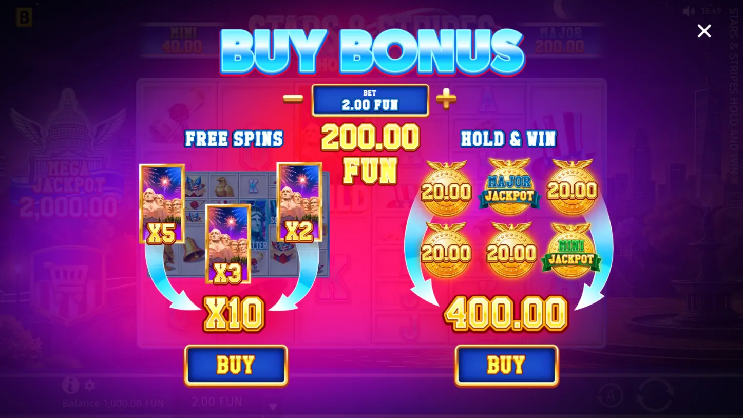 Stars & Stripes Hold and Win — меню Bonus Buy