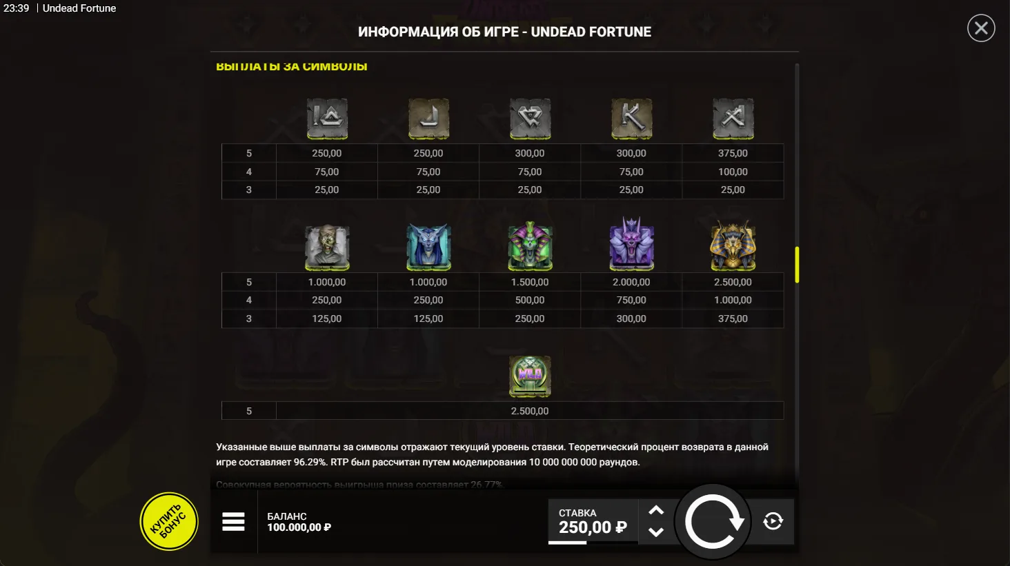 Undead Fortune — правила и таблица выплат 7